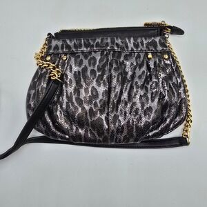 B Makowsky Gray Black Leopard Print Metallic Clutch Crossbody Bag Gold Chain